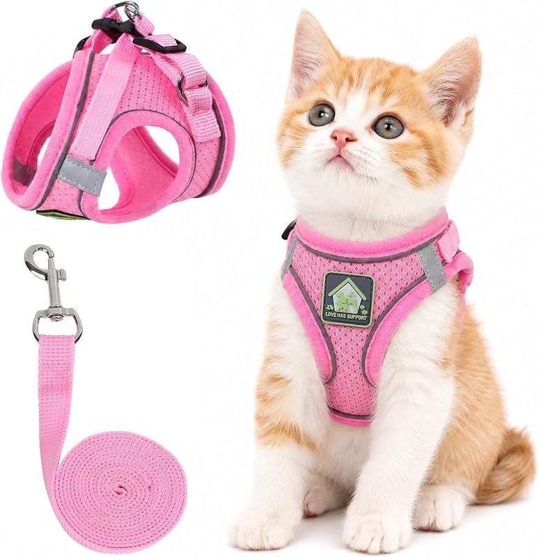 Peitoral com Guia para Gatos NCMAMA em Tela Respirável com Faixas Refletivas Rosa XS