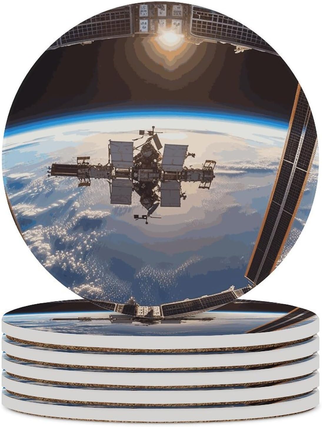 International Space Station Picture Coasters for Drinks Absorbing Round Ceramic Stone Coaster with Cork Base Coffee Cup Beverage Table Cup Mat Modern Style Bar Coaster Set for Home Decor
