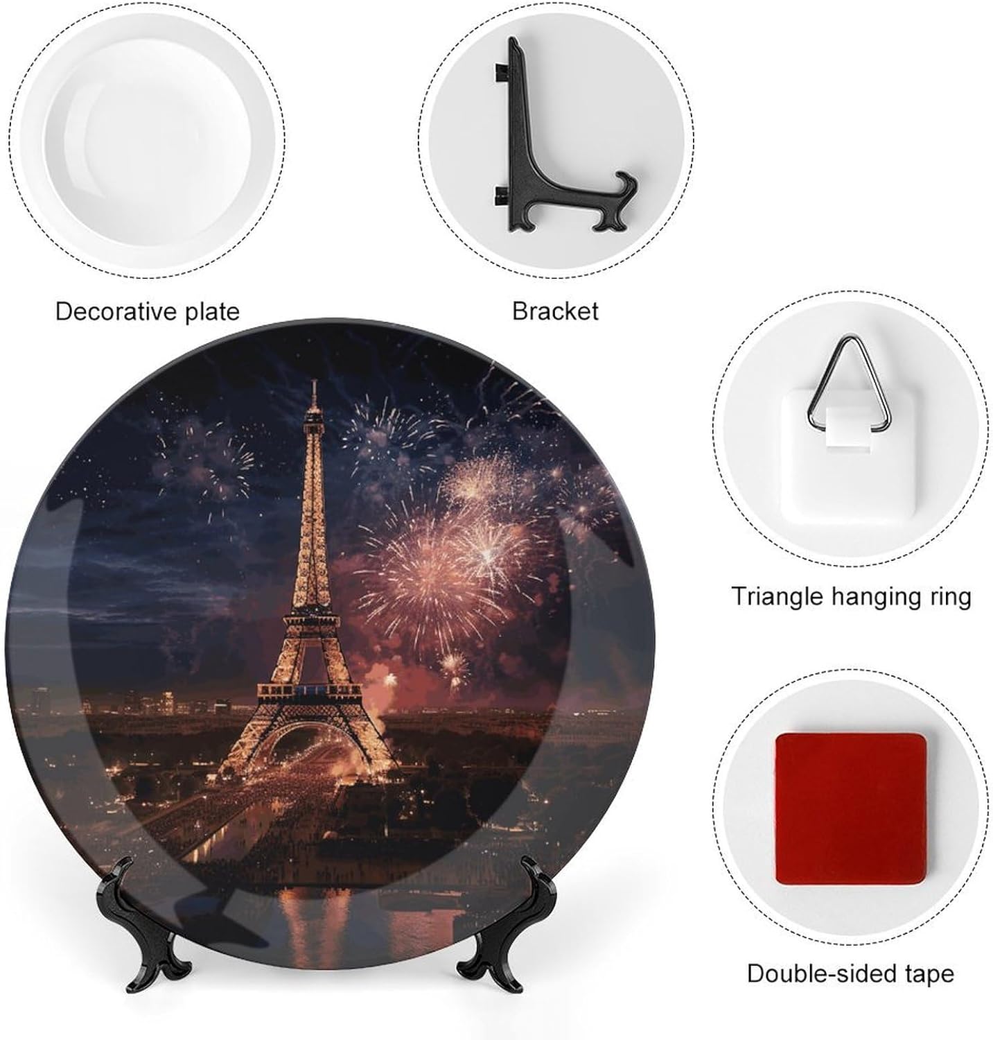 Eiffel Tower Fireworks Ceramic Plate 10inch Decorative Bone China Wall Hanging Ornament Plates Bohemian Style Dinner Plate with Display Stand Cabinet Display Plates for Home Art Decor