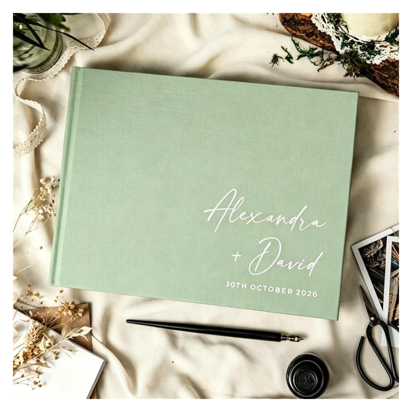 Libro Firmas Boda Libro de visitas Boda Lino Verde Salvia