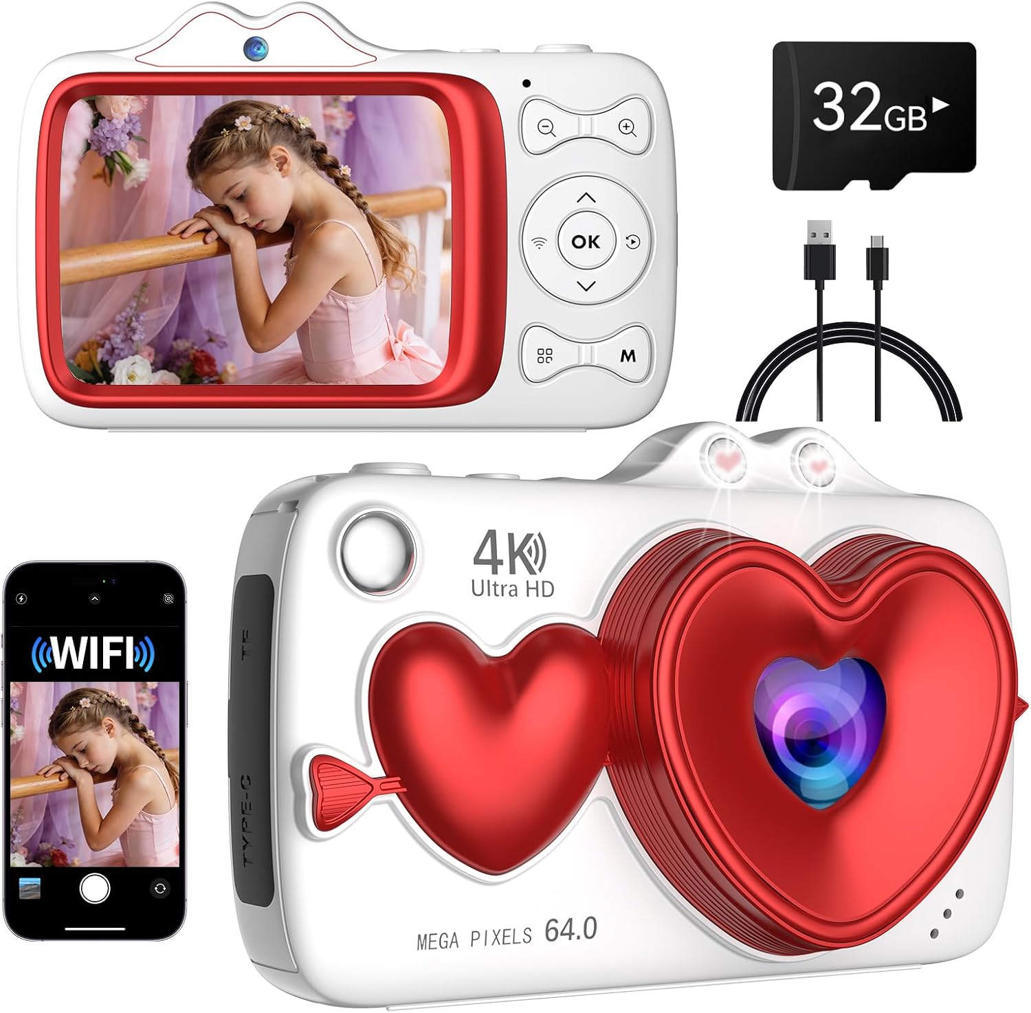 Digital Camera,4K 64MP Autofocus Vlogging Camera with Dual Lens,18X Zoom/WiFi/32GB Card/,Point and Shoot Cameras for Boys Girls Gifts (XJ700-White)