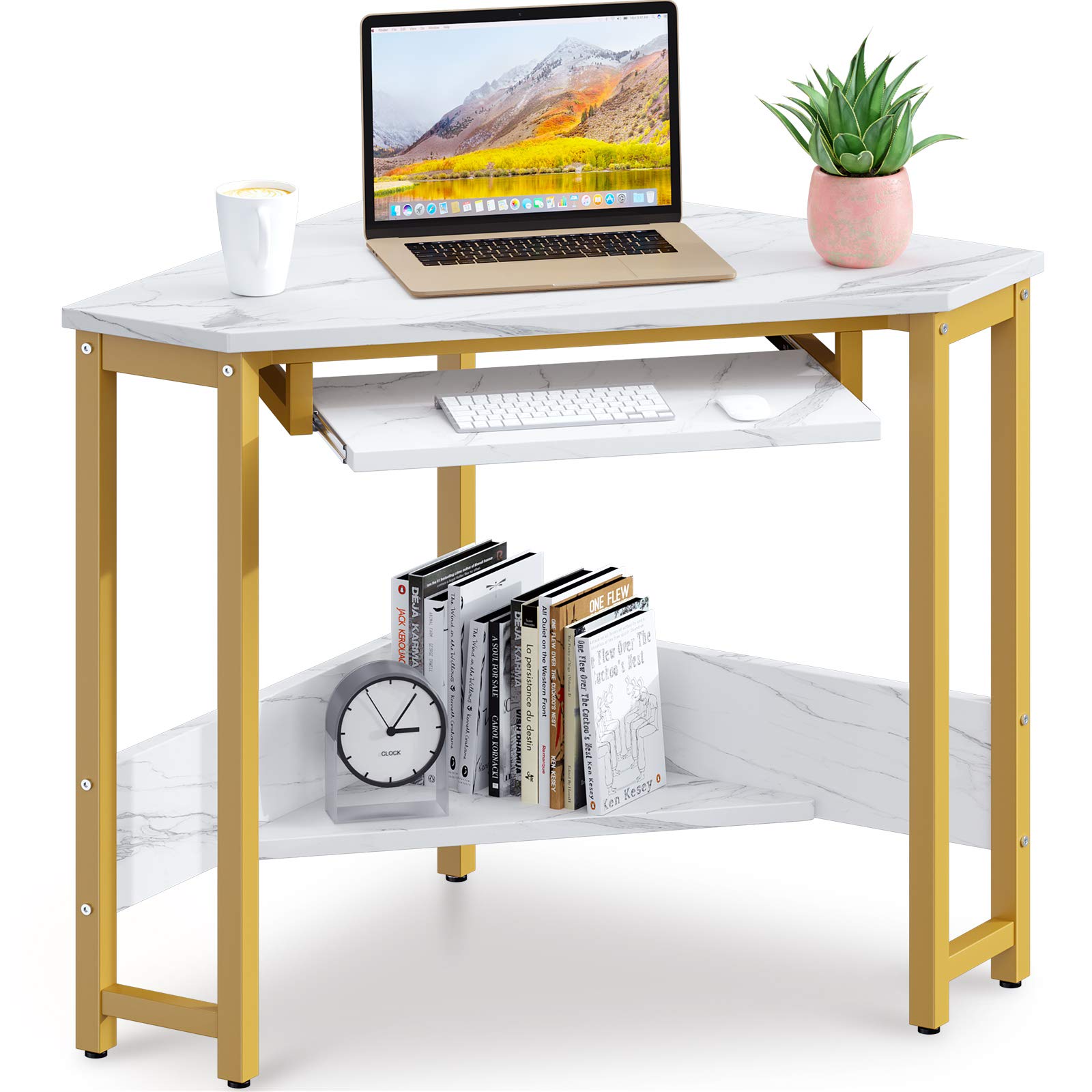 ODK CornerDesk, Triangle Computer Desk, Sturdy Steel Frame for Workstation with Smooth Keyboard Tray & Storage Shelves, Marble