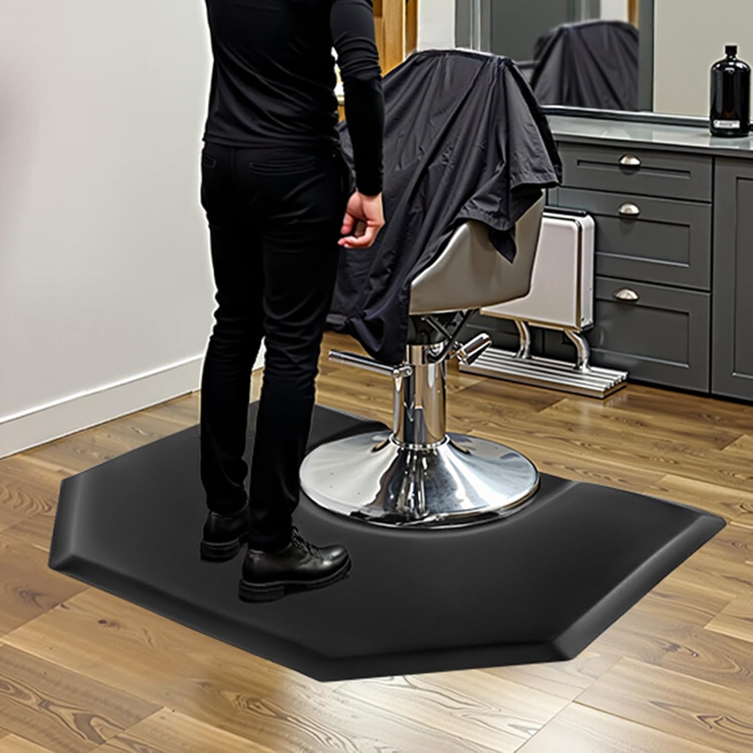 VEVOR Salon Mat for Hair Stylist, 4 x 5 FT Hexagon Salon Chair Mat Anti Fatigue, 1-inch Thickened Barber Shop Floor Mat with Round Cut Out, Easy-to-Clean PVC Surface & Anti-Trip Beveled Edges