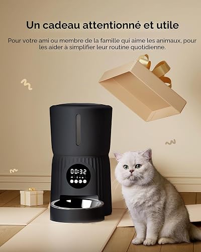 Distributore Automatico Cibo Gatti, Faroro 4L Dispenser Crocchette Gatto con 1-6 Pasti Al Giorno, Porzioni Regolabili, Voce 10s, Alimentazione Lenta (Nero) - 8