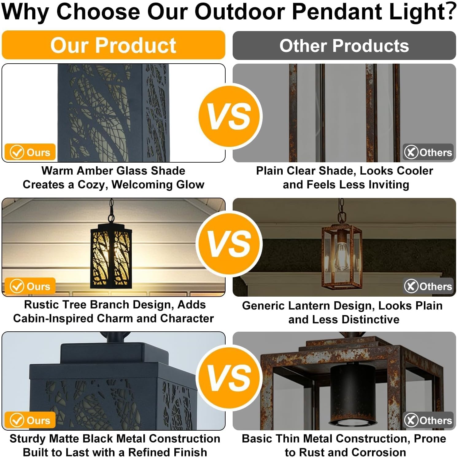 Outdoor Pendant Lights for Porch, Tree Branch Warm Amber Lampshade, 48'' Adjustable Chain, Waterproof 60W E26, Rustic Matte Black Outdoor Hanging Light Fixture, for Pavilion, Terrace, 1 Pack