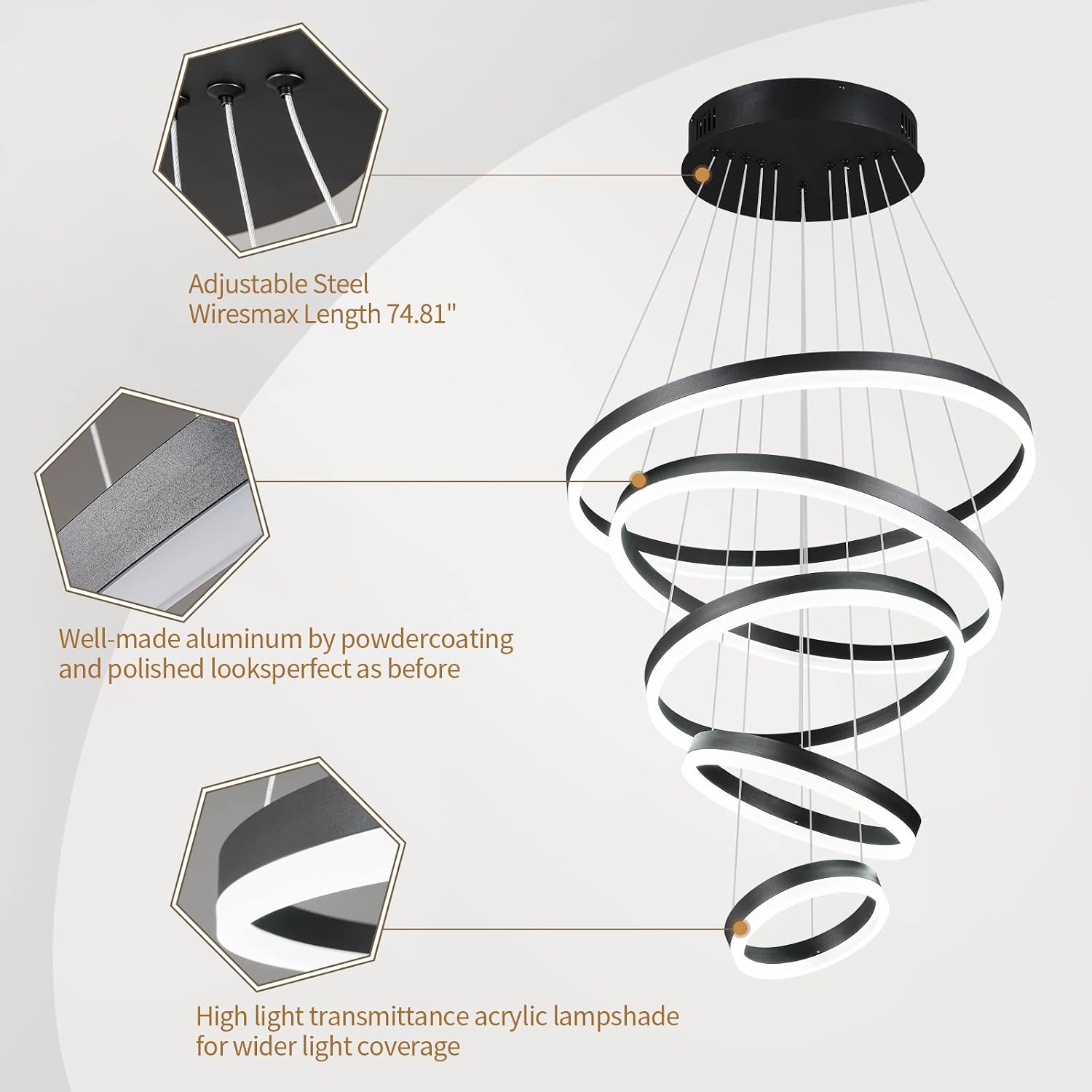 Modern LED Chandelier Lighting 5 Rings Black Chandelier Contemporary Ceiling Pendant Light Fixture for Staircase Foyer High Ceiling Living Room 6000K Cool White
