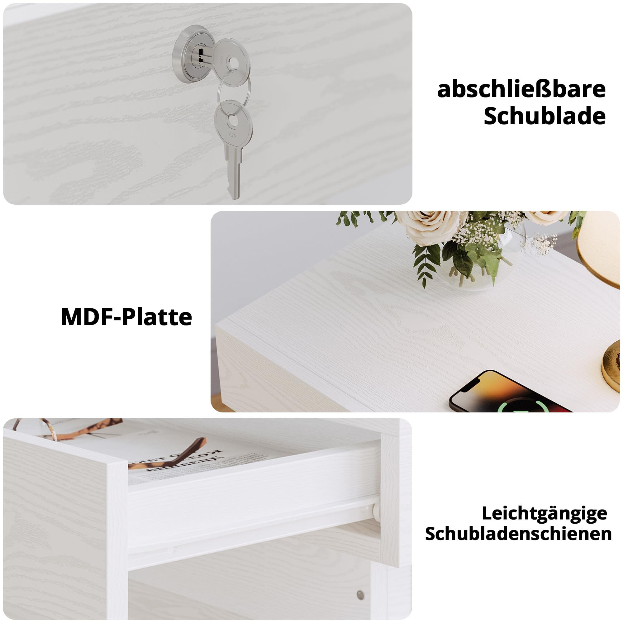 IRONCK Nachttisch, Nachtschrank mit LED-Beleuchtung, Beistelltisch mit 3 Schubladen, 1 USB- & 1 Typ-C-Anschluss und Schloss, Sofatisch für Wohnzimmer, Schlafzimmer, Weiß