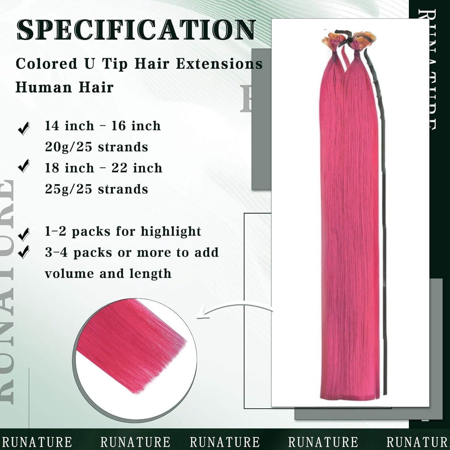 RUNATURE Extension Capelli Veri Cheratina Rosa 35cm 20g 25s Remy Extensions Capelli Veri Lisci #HotPink