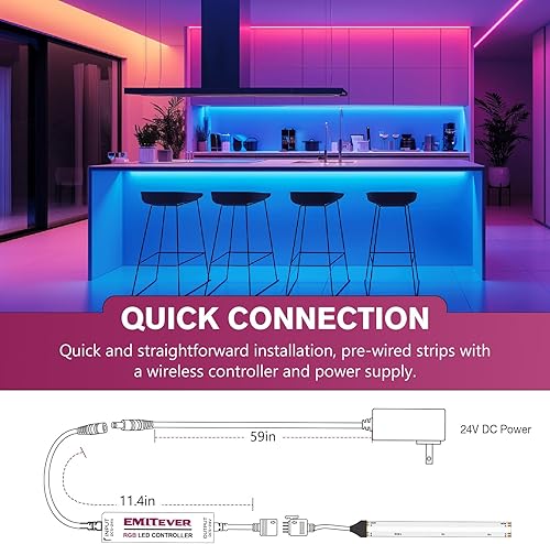 Miniatura 4 de EMITEVER Tira de luz LED RGB de 16.4 pies, regulable COB 24 V, kit de luz LED flexible que cambia de color con control remoto, 3150 LED de alta
