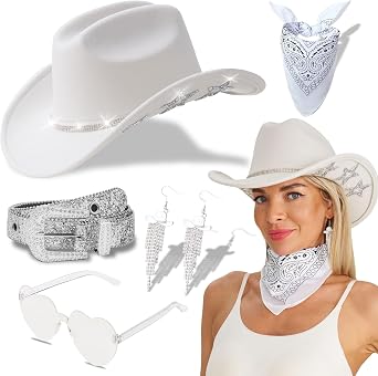 Cowboy Hat for Women Men with Sparkly Stars Brim & Rhinestone Belt and Heart Sunglasses Bandana Cowboy Hat Earrings