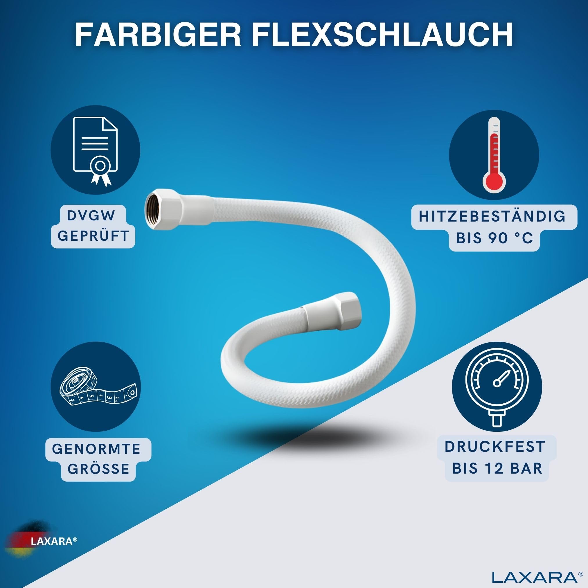 LAXARA DVGW Premium Coloured Flex Hose Black and White 3/8 Inch to 1/2 Inch Outer Diameter on Both Sides in Selectable Styles (3/8 Inch White - Image 2