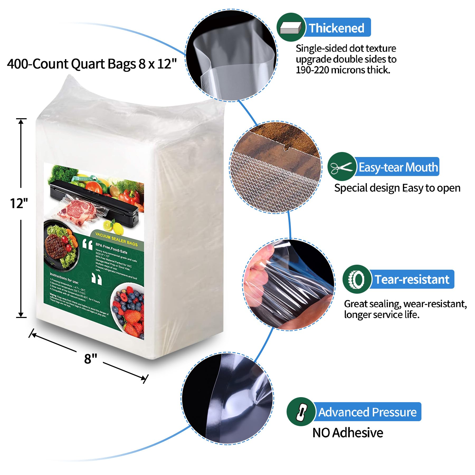 AENTGIU 400 bolsas de almacenamiento selladoras al vacío, bolsas de comida de 8 x 12 pulgadas, bolsas de cuarto de galón sin BPA, compatibles con todas las máquinas selladoras al vacío de calor,