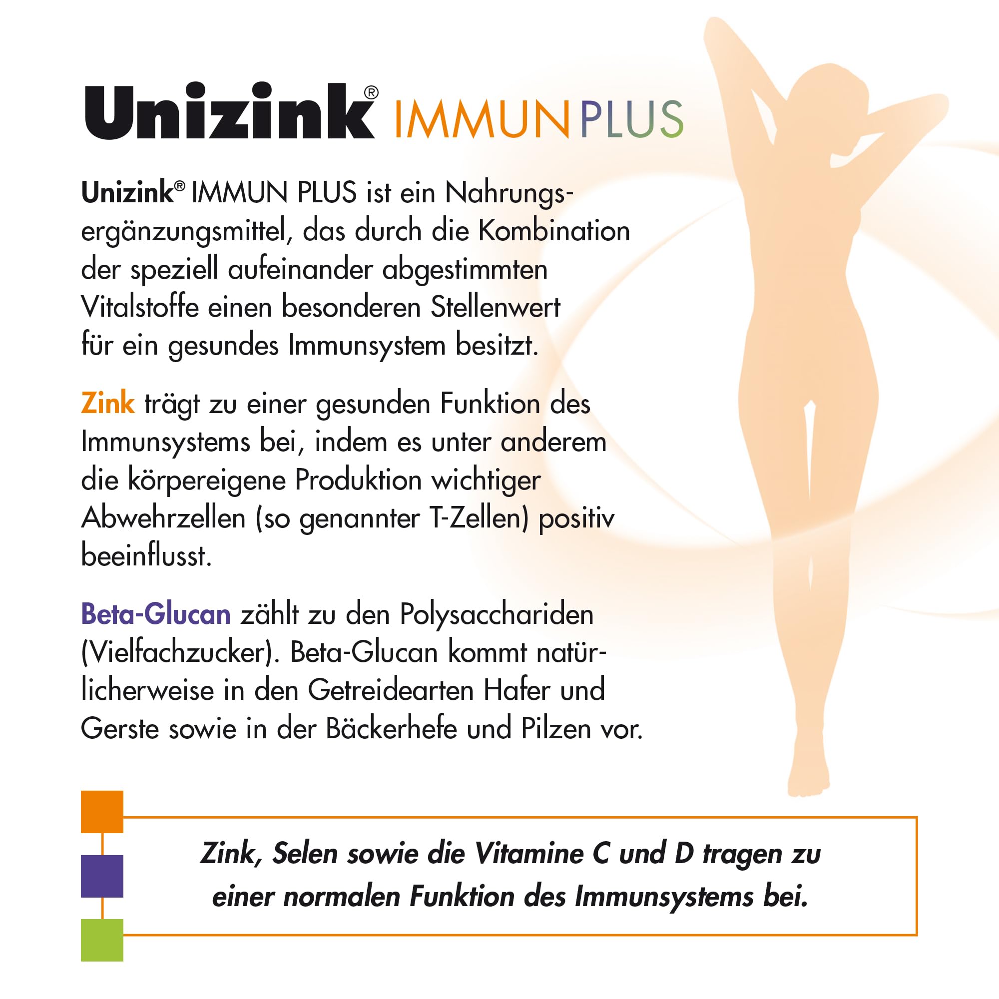 Unizink IMMUN PLUS – Nährstoff-Komplex mit Zink, Vitamin C, D3 und E sowie Selen, Bioflavonoiden und Beta-Glucan, unterstützt eine normale Funktion des Immunsystems, gluten- & laktosefrei, 60 St
