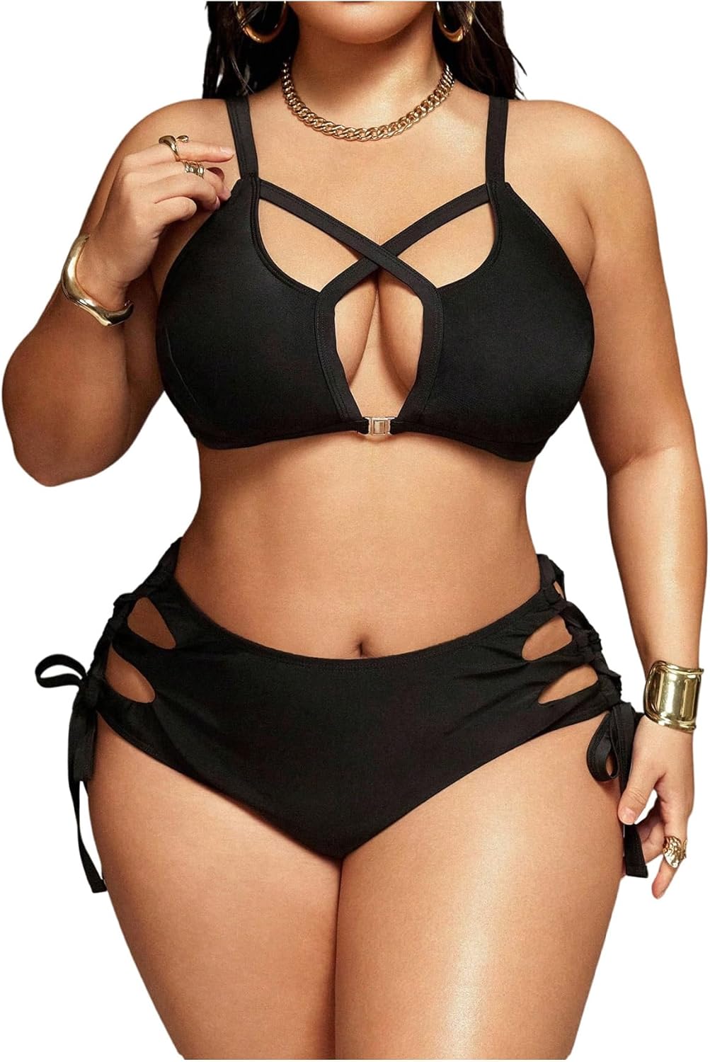 MakeMeChic Women's Plus Size 2 Piece Bikini Set Criss Cross Cut Out Tie Side High Waist Swimsuit