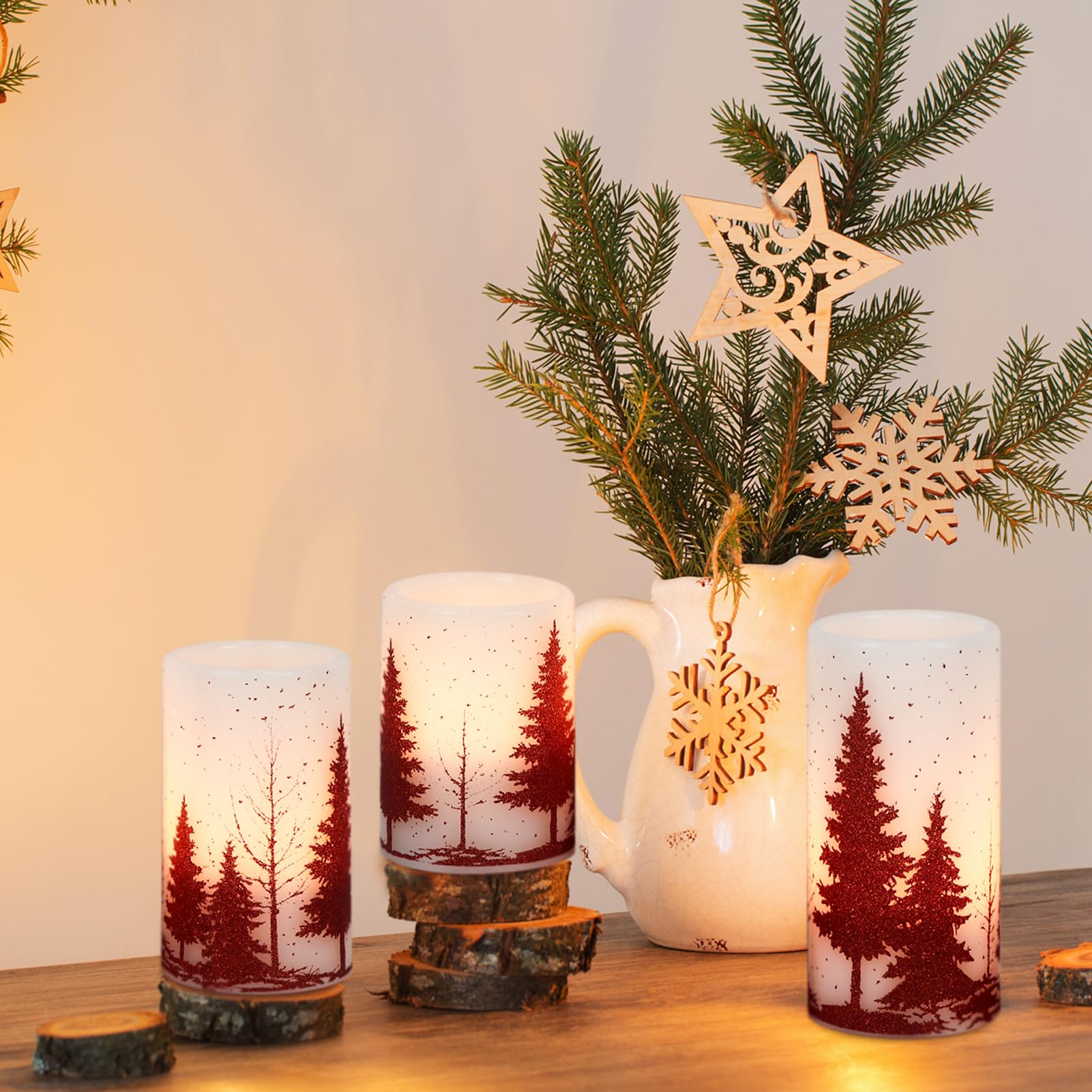 GenSwin Candele natalizie senza fiamma con timer, candele tremolanti a LED rosse in vera cera, confezione da 3 candele finte a pilastro, per interni ed invernali, caminetti e tavoli decorativi (7,6 x