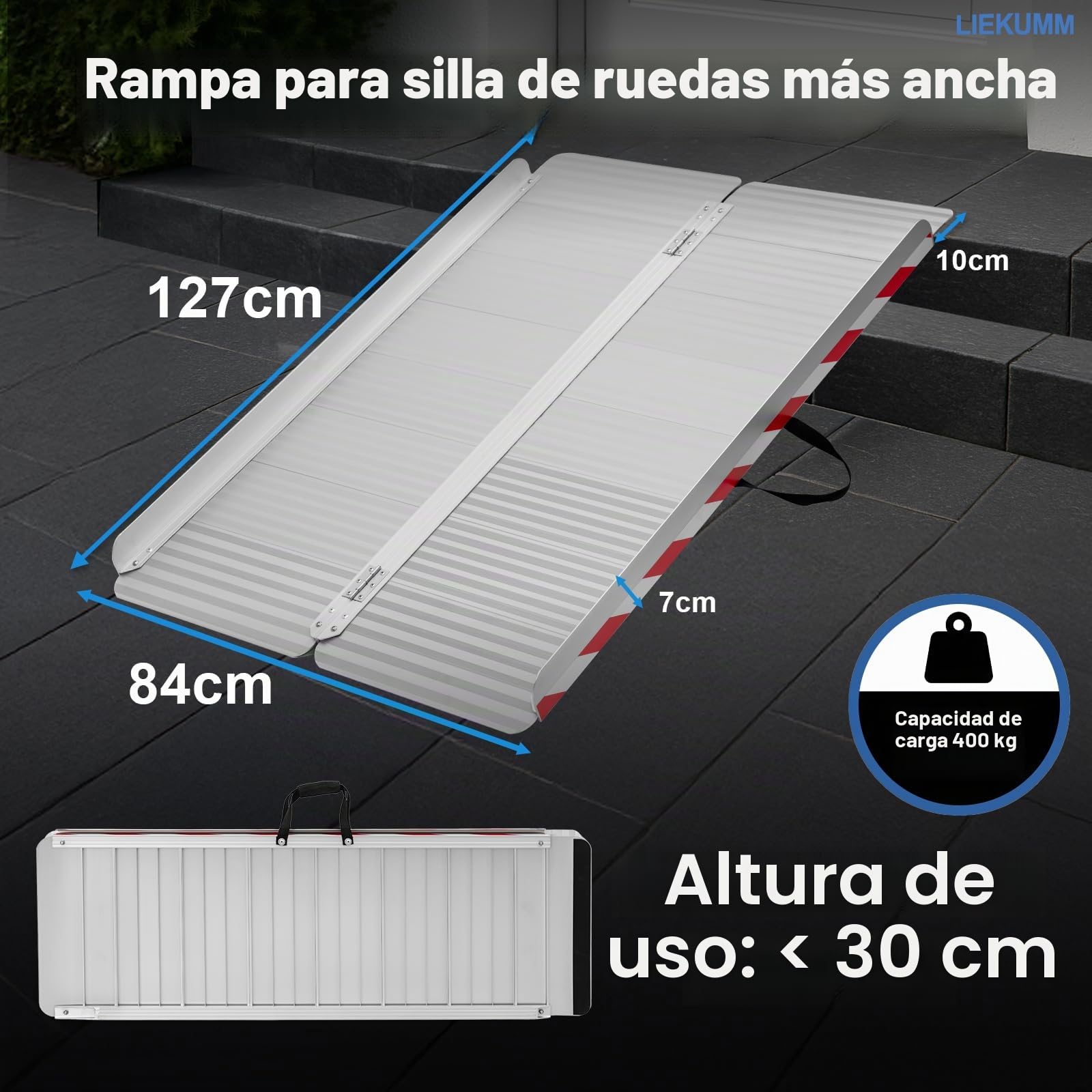 LIEKUMM Rampas para Silla de Ruedas 127 cm, 85 cm Ensanchada, Capacidad de Carga 400 kg Aluminio Rampa para Escaleras, Bordillos, Rampa Minusvalidos para Sillas de Ruedas Eléctricas y Manuales