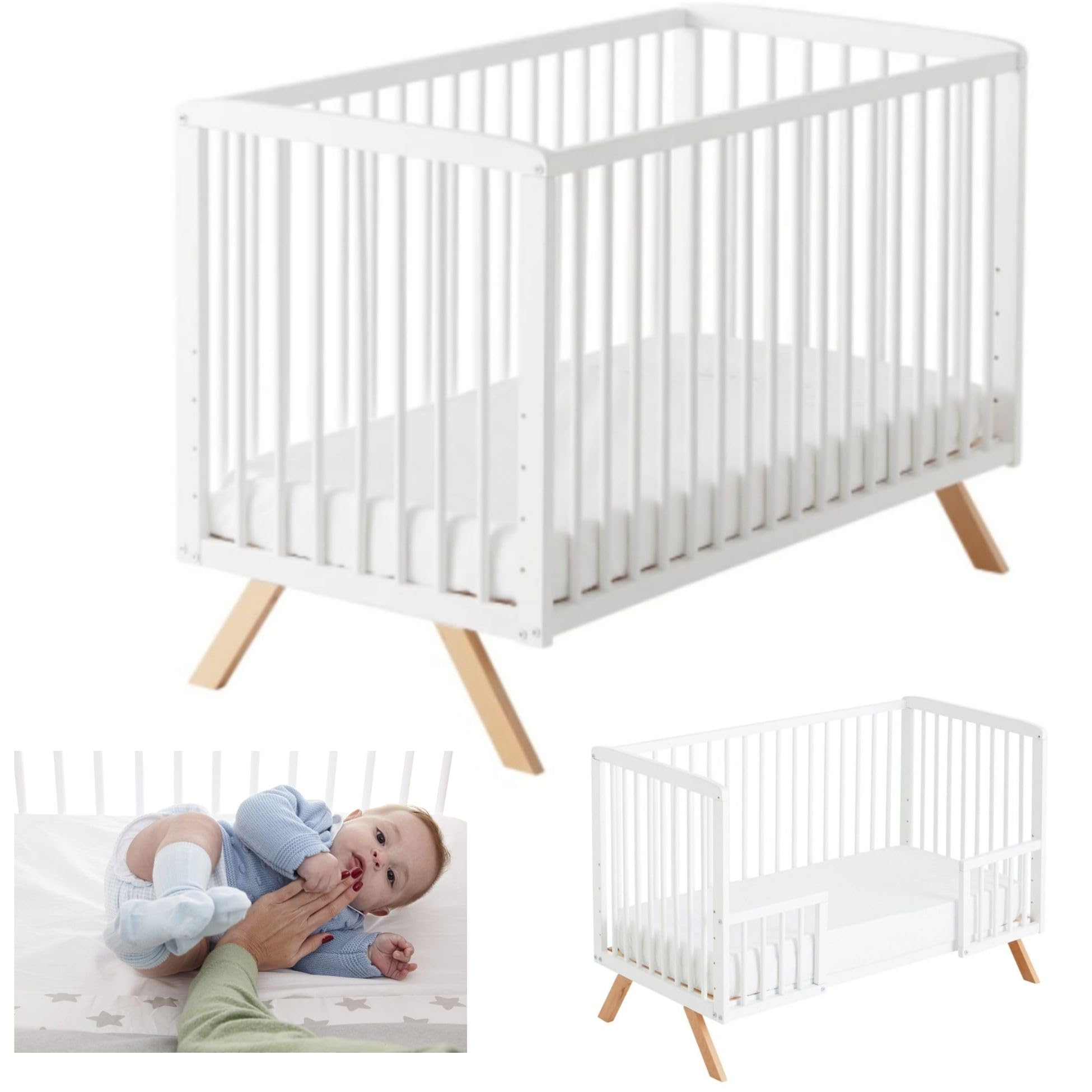 Cuna Convertible Nuru con Kit colecho para unir a la Cama y barandillas Blancas. Conforme a normativa Europea CoolDreams