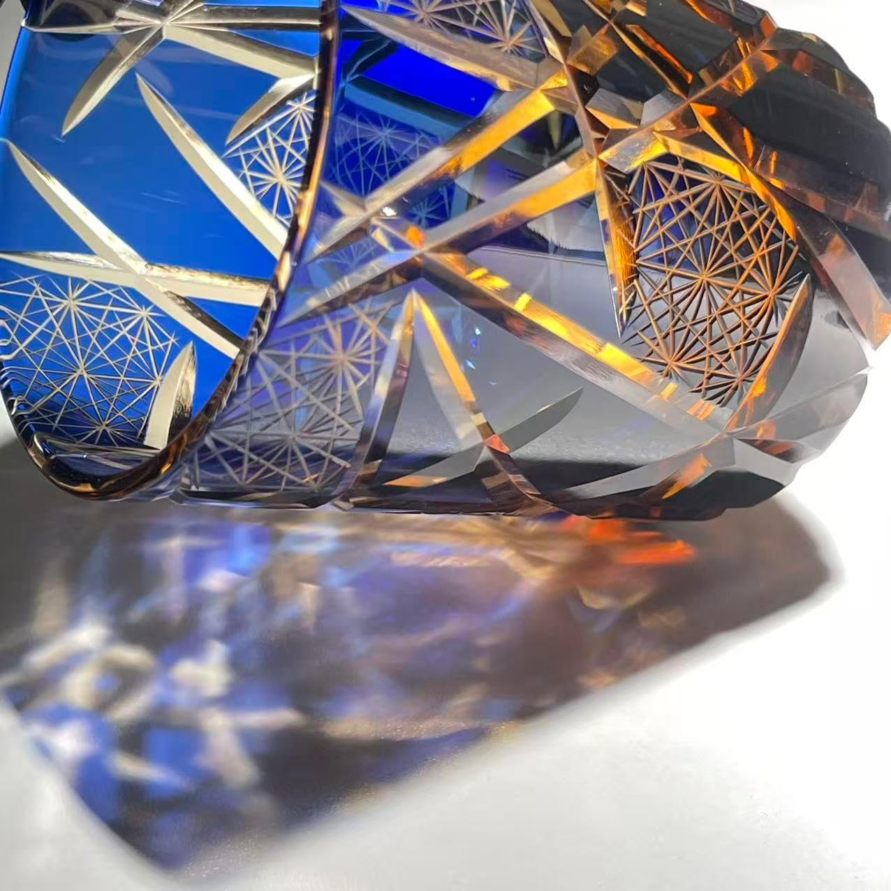 Crystal Cut Whiskey Glass, Blue and Amber Geometric Pattern, Vintage Style Old Fashioned Glass (starry night 1) - Image 5