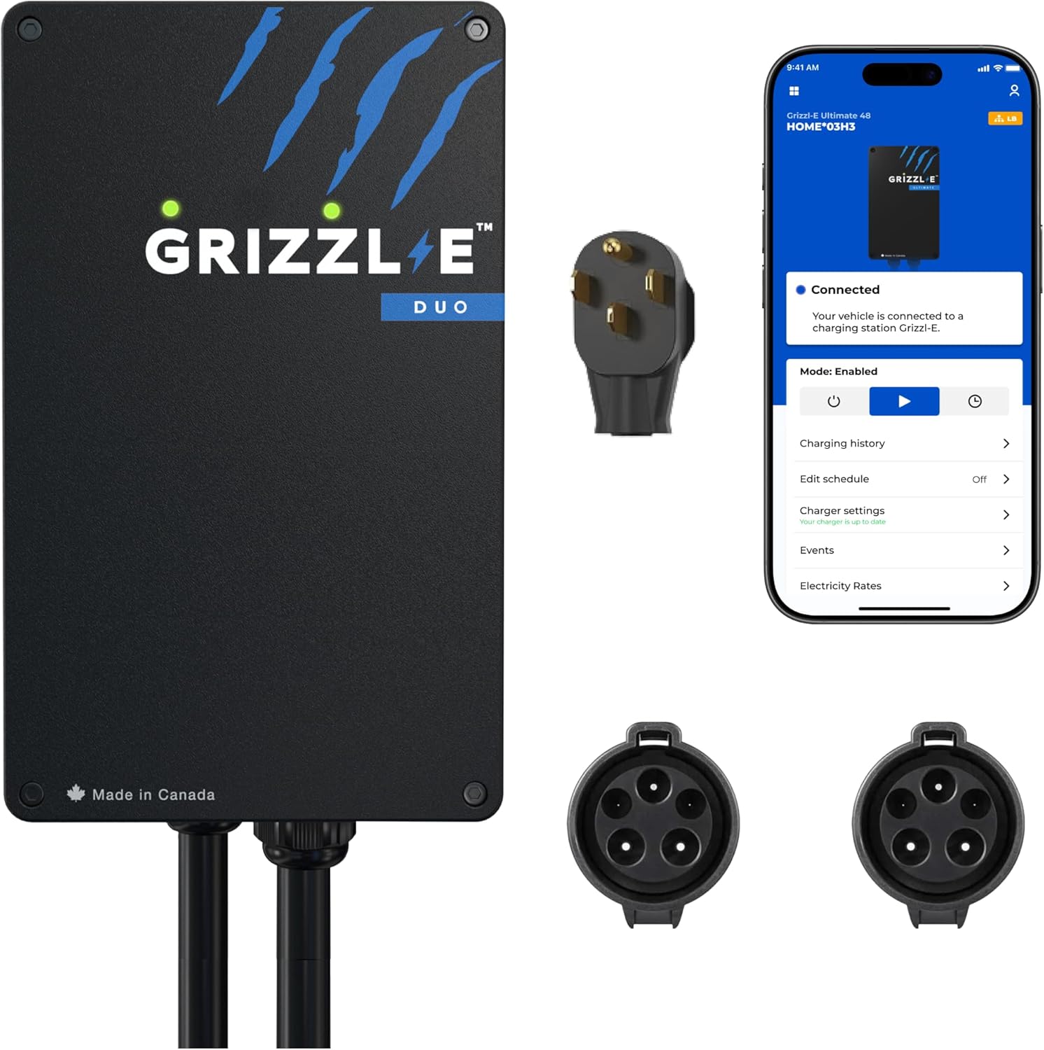 Grizzl-E Duo Connect 40A / 9.6 kW Level 2 EV Charger, UL Tested and Certified, Metal Case Indoor/Outdoor Electric Car Smart Wall Charging Station, NEMA 14-50, J1772-J1772, Black