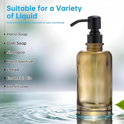Miniatura 4 de Dispensador de jabón de vidrio ámbar claro con bomba negra, dispensador de jabón líquido de 11 onzas, botella cilíndrica con bomba de acero Botella