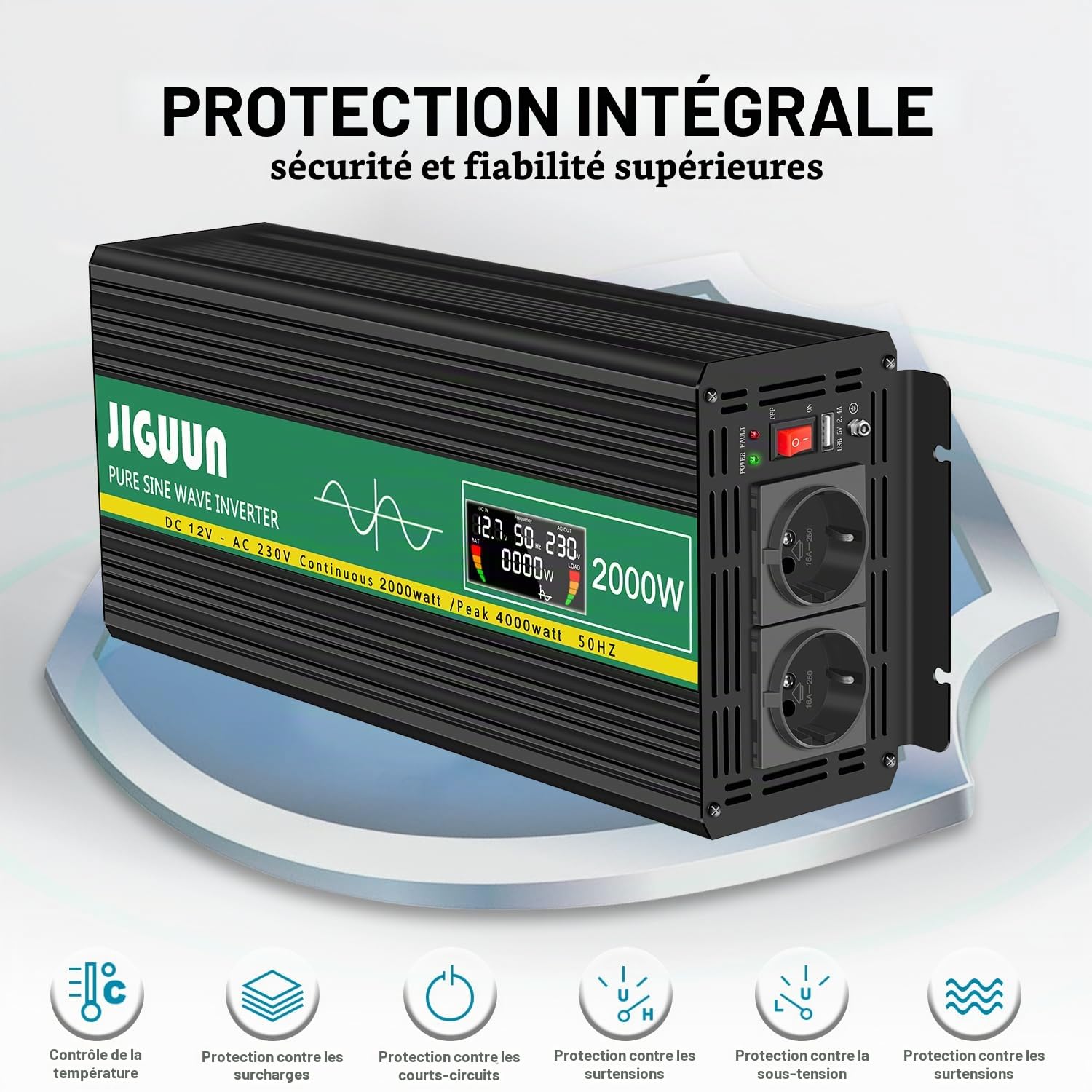 JIGUUN 2000W/4000W Convertisseur 12V 220V Pur Sinus Onduleur transformateur avec Télécommande sans Fil Écran LCD 2 Prises EU 1 Port USB pour Voiture Camping Voyage Urgence