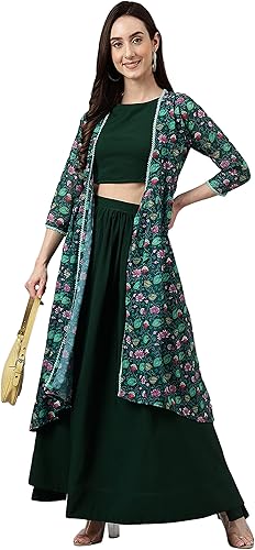 Miniatura 3 de Janasya Indian - Camiseta corta color crepé verde con falda y chaqueta para mujer