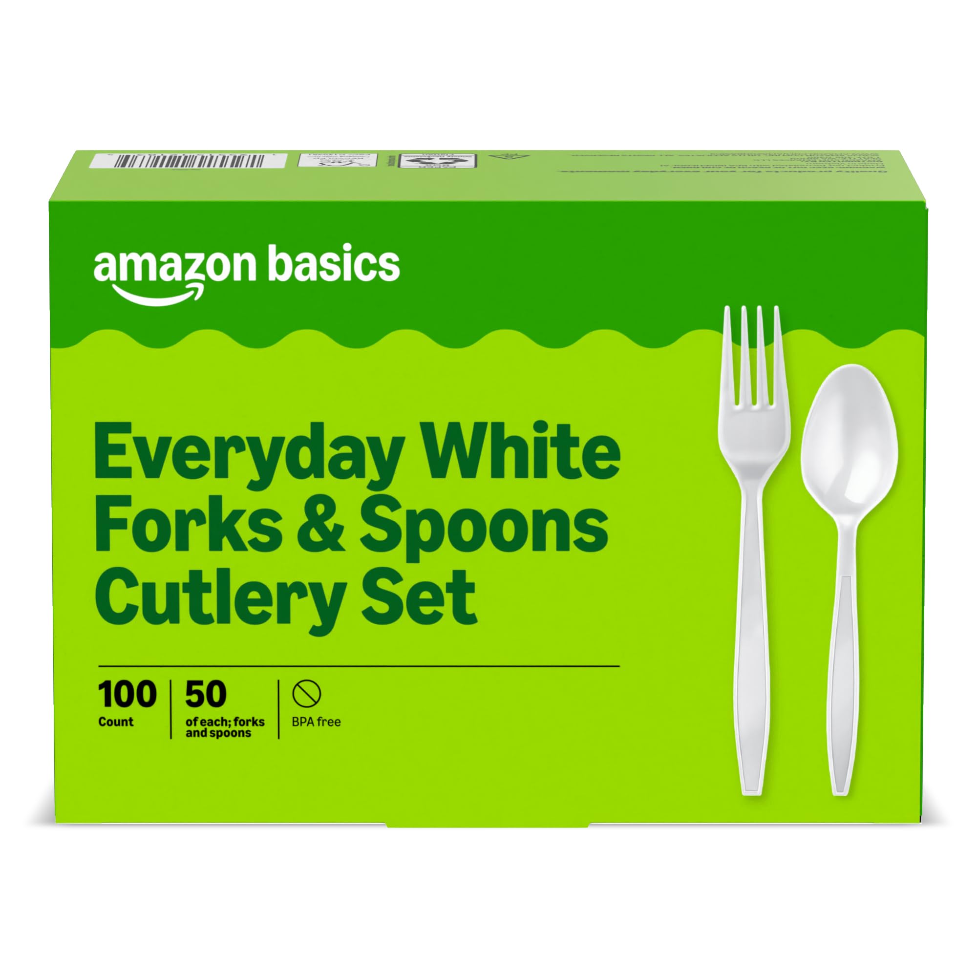 Amazon Basics Disposable Everyday White Forks & Spoons, 100 Count