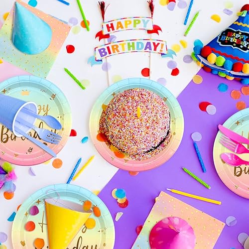 Miniatura 7 de 150 piezas de vajilla de fiesta de cumpleaños de arcoíris con lunares dorados, platos de cena de fiesta de colores pastel arcoíris, platos de