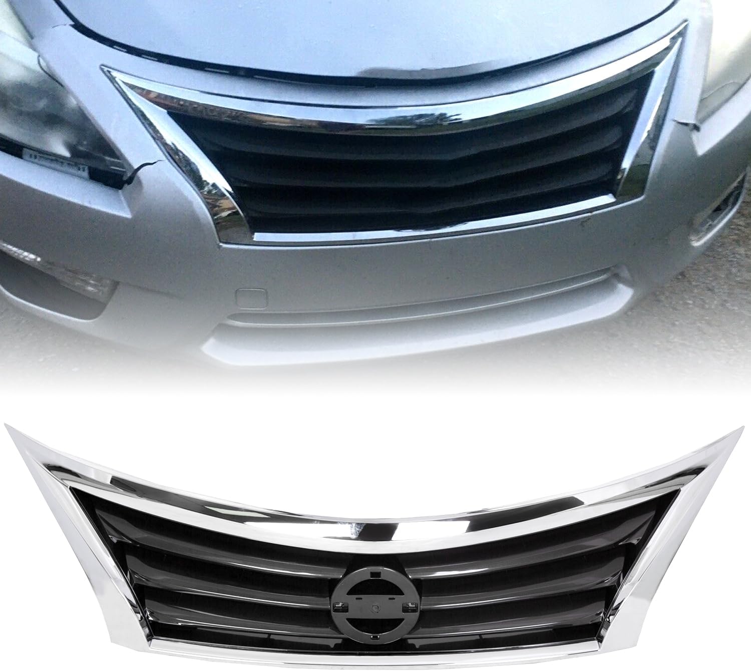 HECASA Front Bumper Grill Compatible with 2013 2014 2015 Nissan Altima 623103TA0A NI1200250 Upper Grille Chrome Shell Black Insert Sedan Assembly