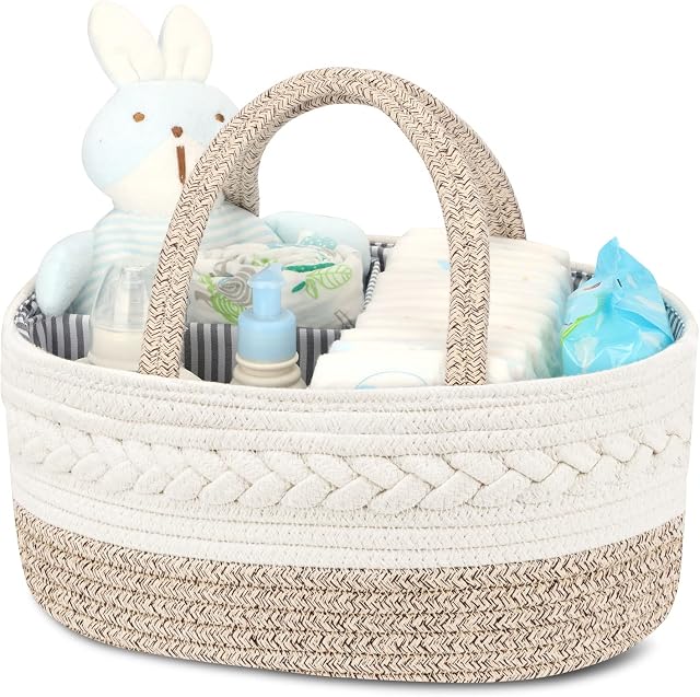 Maliton Nappy Caddy OrganiserCotton Rope Newborn Essentials Diaper CaddySturdy Portable Nursery Baby Caddy Storage Basket with Removable CompartmentsNappy Organiser as Baby Shower Gifts for Newborn