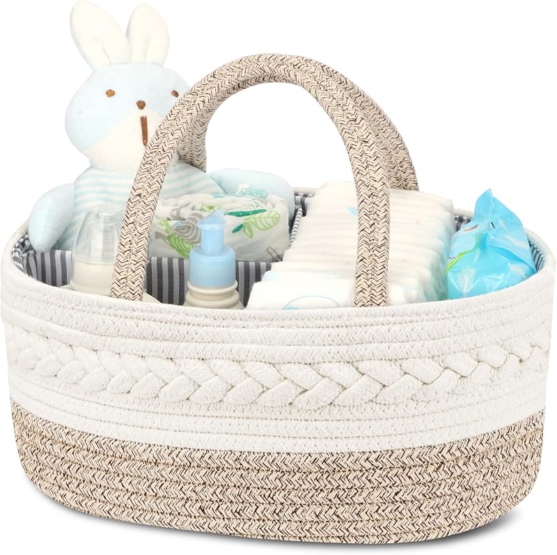 Maliton Organizador de pañales para bebé, cesta de regalo para bebé con cuerda de algodón, organizador de pañales portátil para cambiador, organizador de almacenamiento para guardería, regalos de ducha para recién nacidos, artículos esenciales para bebé | Carrito para bebé con cuerda de algodón 100%, suave pero estructurado, para uso en guarderías, automóviles y campamentos, mantiene los elementos esenciales del bebé al alcance de la mano