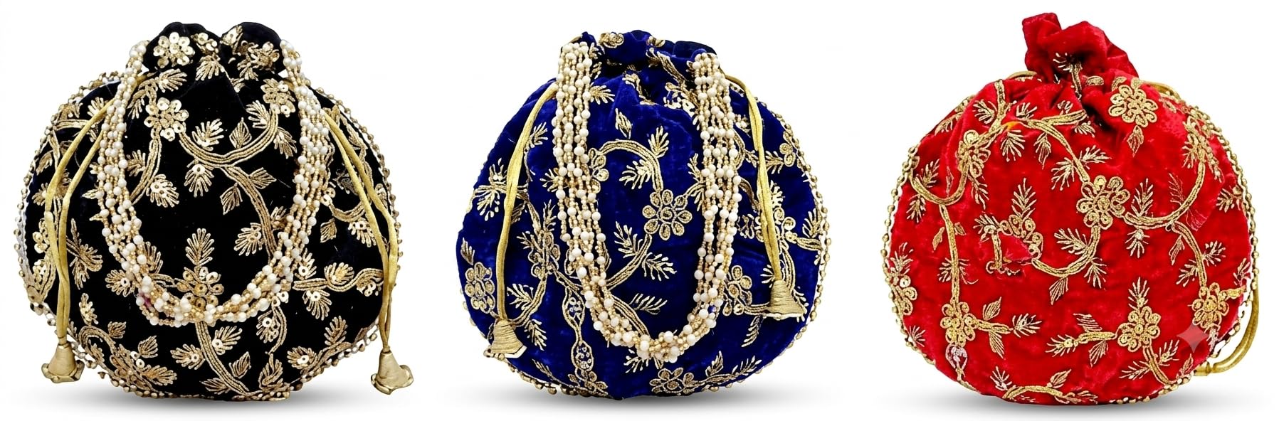 JDDCART Velvet Feel Wedding Potli Combo of 3 for Ladies Drawstring Closure Embroidered Fabric Handbag (Brick Red, Navy Blue, Light Black)-image-49