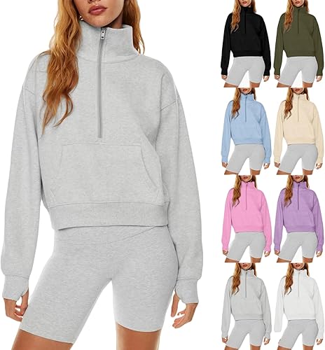 Miniatura 8 de Sudadera corta con media cremallera para mujer, manga larga, forro polar, con cremallera de un cuarto, cuello alto, hombros caídos