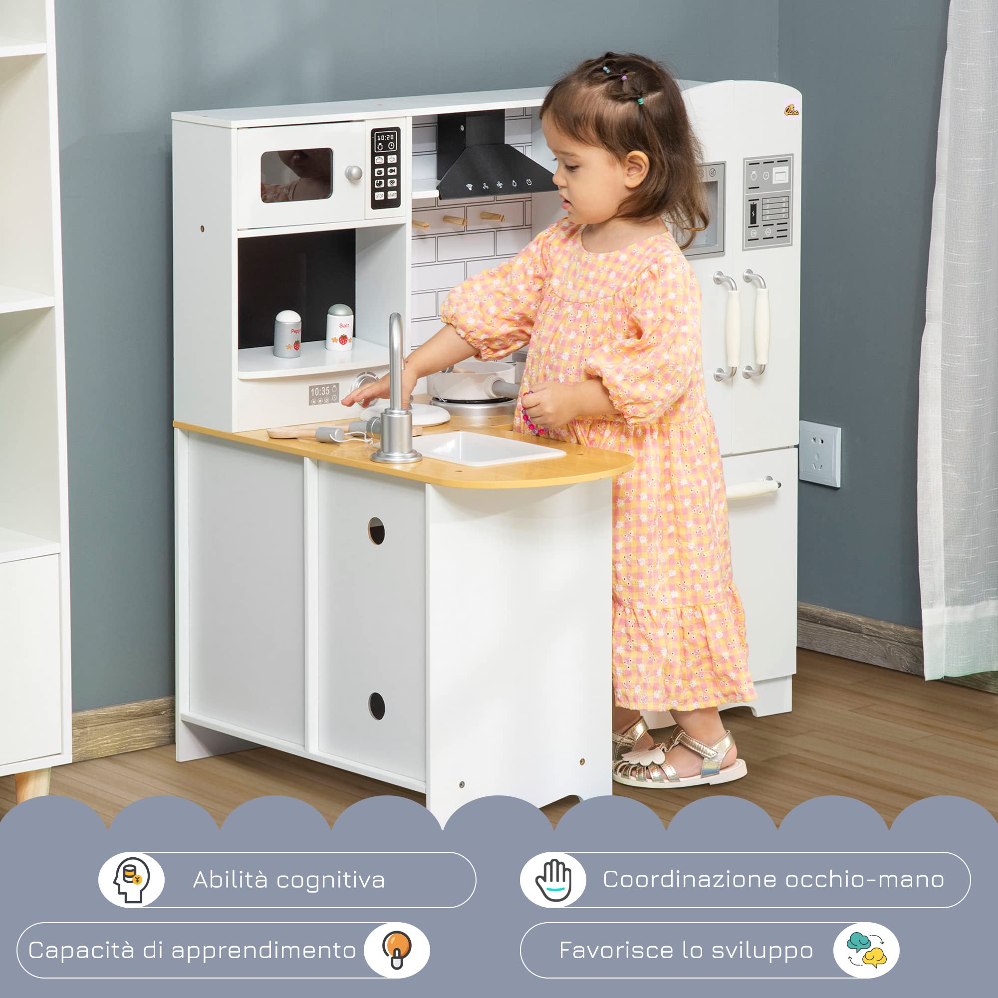 HOMCOM Cucina Giocattolo per Bambini 3-6 Anni in Legno con Suoni, 14 Accessori, Forno, Lavandino e Frigo, 82x65x87cm, Bianco