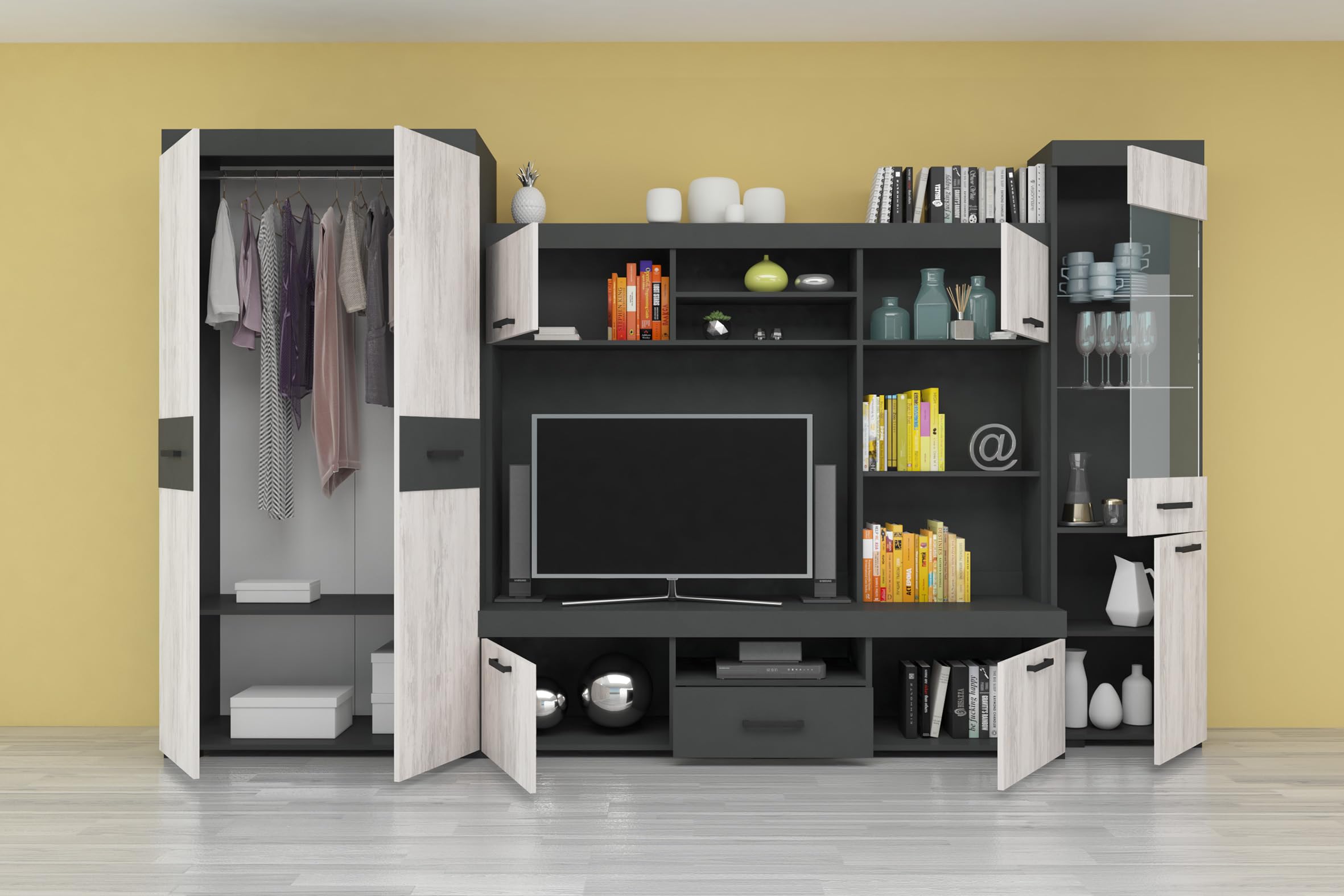 Parete Attrezzata Moderna Composta da 3 Elementi Separati (Armadio, Sezione TV e Vetrinetta), Arredamento per Soggiorno in Rovere Bianco/Grigio Antracite SG30