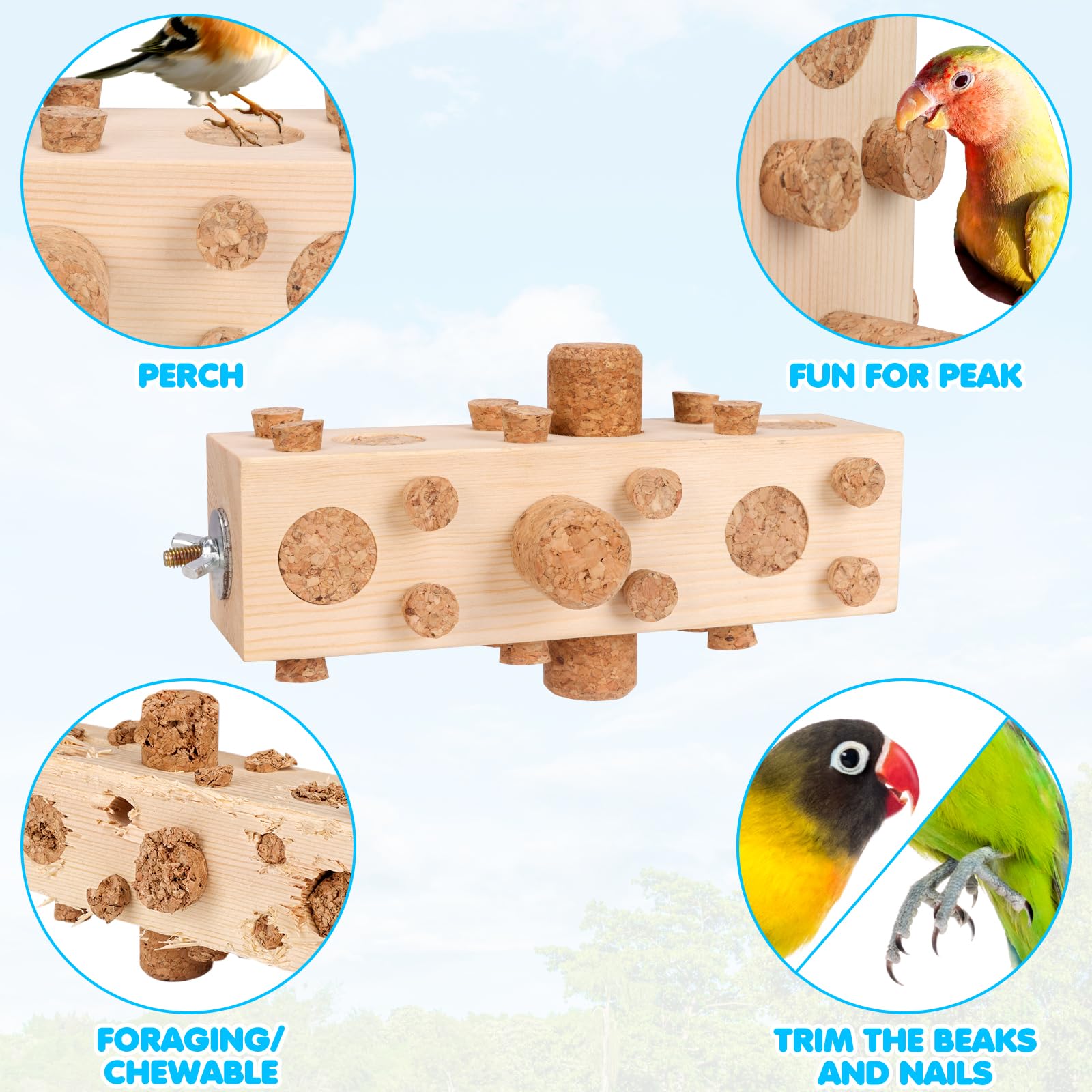 Parrot Toy Cage Perch with Pine Wood Foraging Smart Chewing Toy Soft Corks for Small to Regular Size Parrot Cockatiel Foraging Toy - image 3