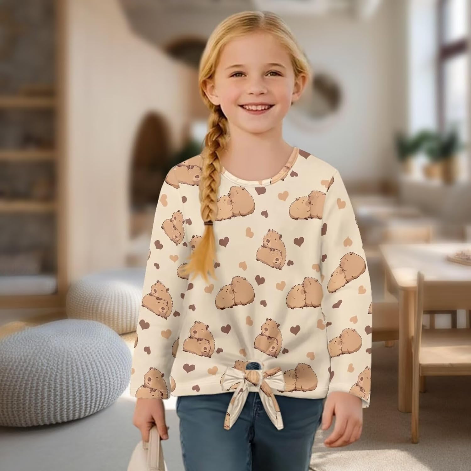 Crewneck Girls T Shirts Tie Front Knot Long Sleeve Sweatshirt Soft Casual Top Kids Girl Pullover Size 5-12