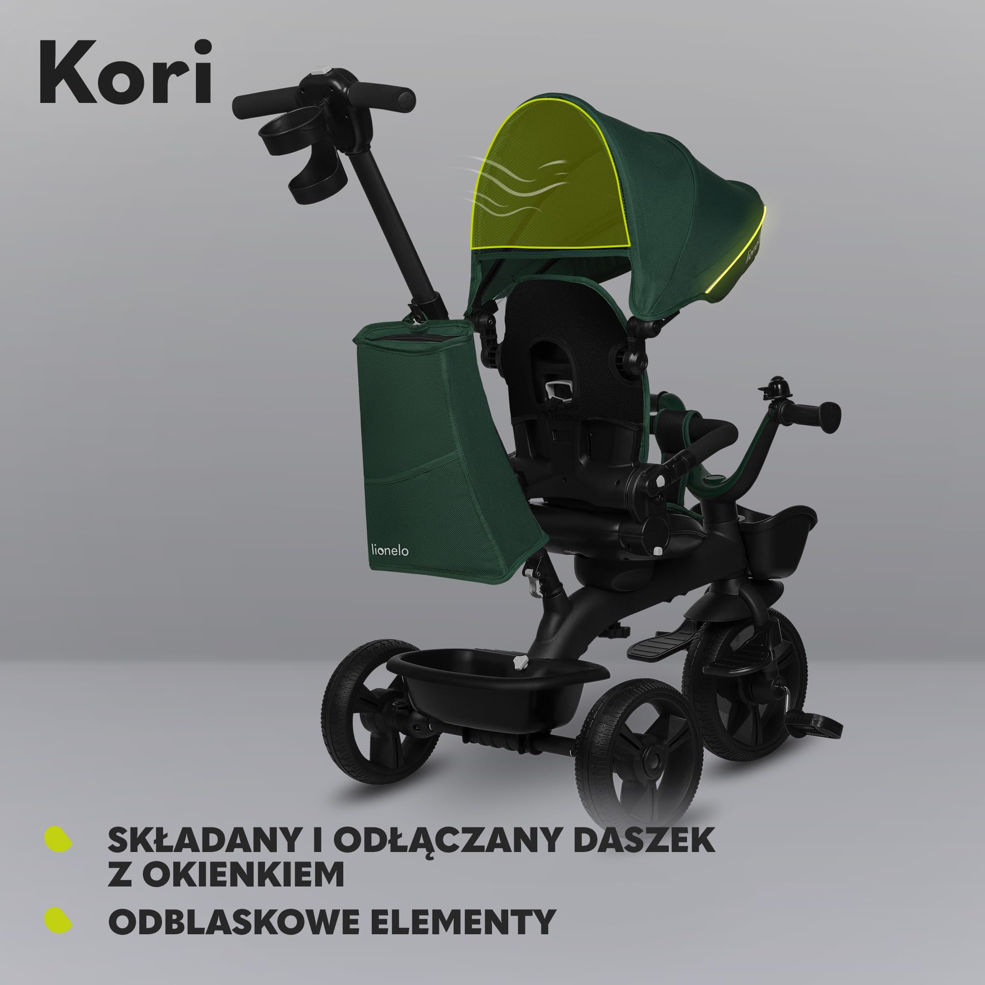 LIONELO Kori Rower trójkołowy 2 w 1, kontrola toru jazdy, obracane siedzisko, składany daszek, wytrzymała i lekka konstrukcja, uchwyt na kubek, praktyczna torba
