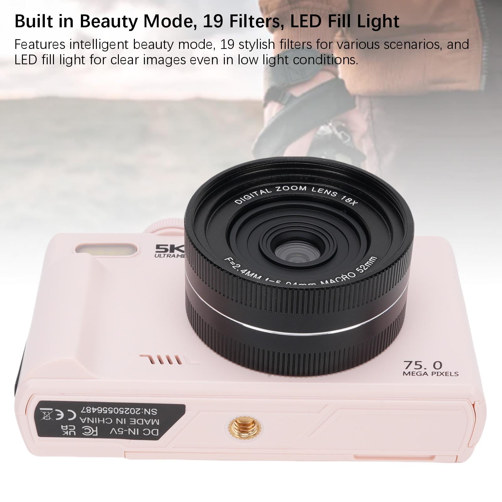 Cámara Digital 5K 75MP, WiFi 18X Zoom 3.0" Pantalla Abatible 180° con Tarjeta de 32GB, Lente Macro de 52mm, Luz de Relleno LED, 19 Filtros para Fotografía y Vlogging
