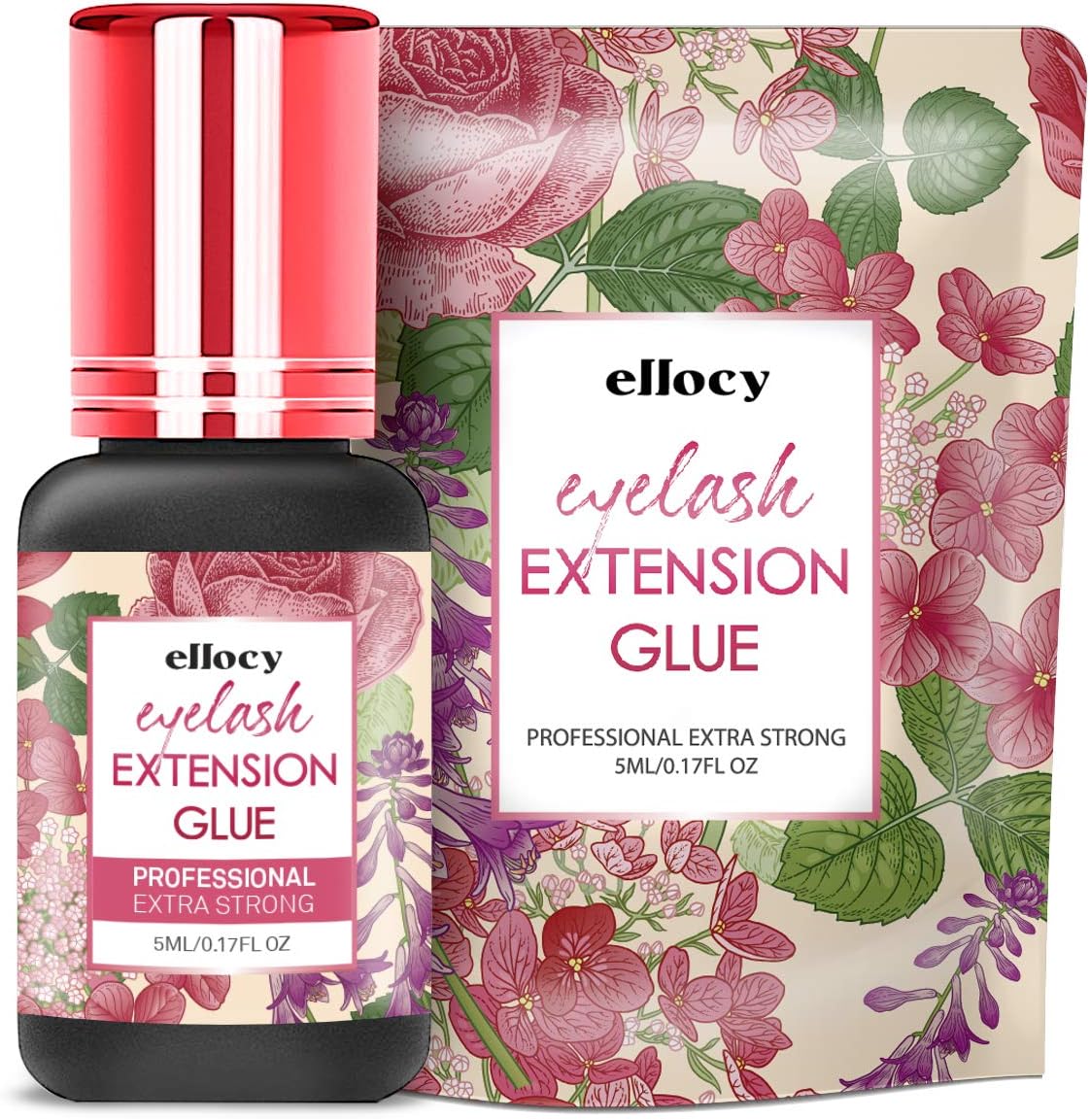 ellocy Extra Strong Eyelash Extension Glue - 5ml Black Adhesive for Professional Use Only - 1 Sec Dry Time - 7 Weeks Retention