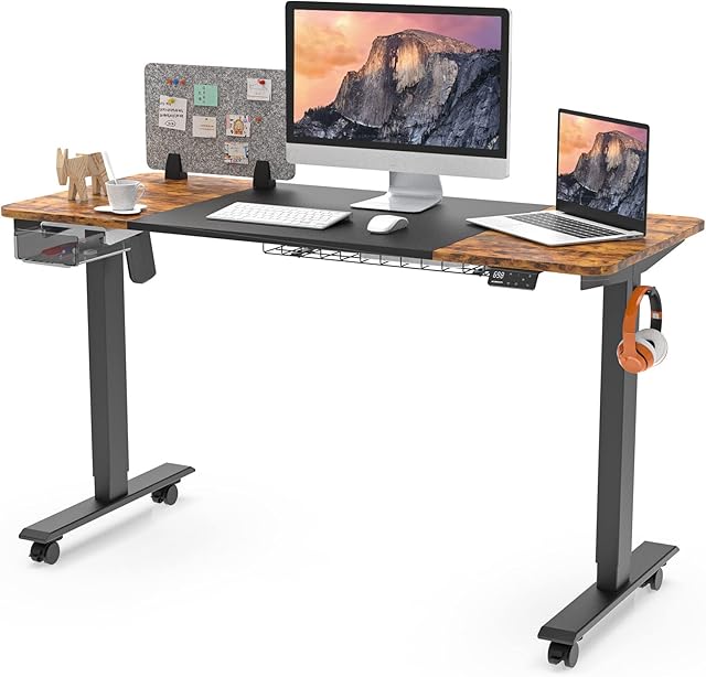 MAIDeSITe Electric Standing Desk Height Adjustable Standing Desk Sit Stand Desk with Memory Control and Anti-Collision Technology for Home Working(140 * 70cm,Black Frame+ Rustic Brown Desktop)