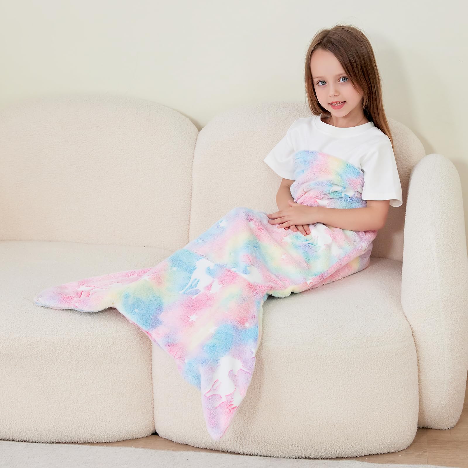 Viviland Queue de sirène phosphorescente pour Enfants – Couverture de sirène en Flanelle – Cadeau pour Filles – Étoile Lumineuse Super Douce Tie Dye Jouets pour Filles – Licorne 43,2 cm 99,1 cm