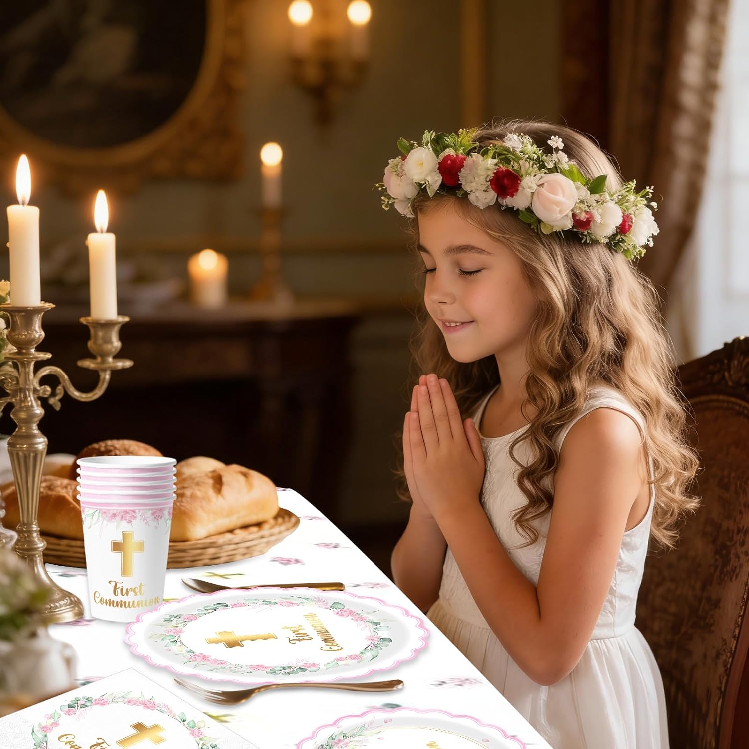 First Communion Decorations for Girls, 97PCS Baptism Decoration Plates,Tablecloth and Napkins God Bless Party Supplies First Holy Communion Baptism Party Decorations Serves 24