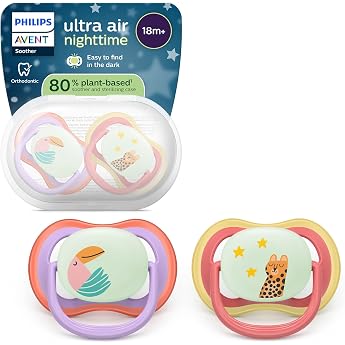 Philips AVENT Ultra Air Nighttime Dummy - Orthodontic Shaped Design for Babies from 18 Months Glow in the Dark Extra Firm Symmetrical Silicone Teat BPA-Free Pack of 2 SCF376/33