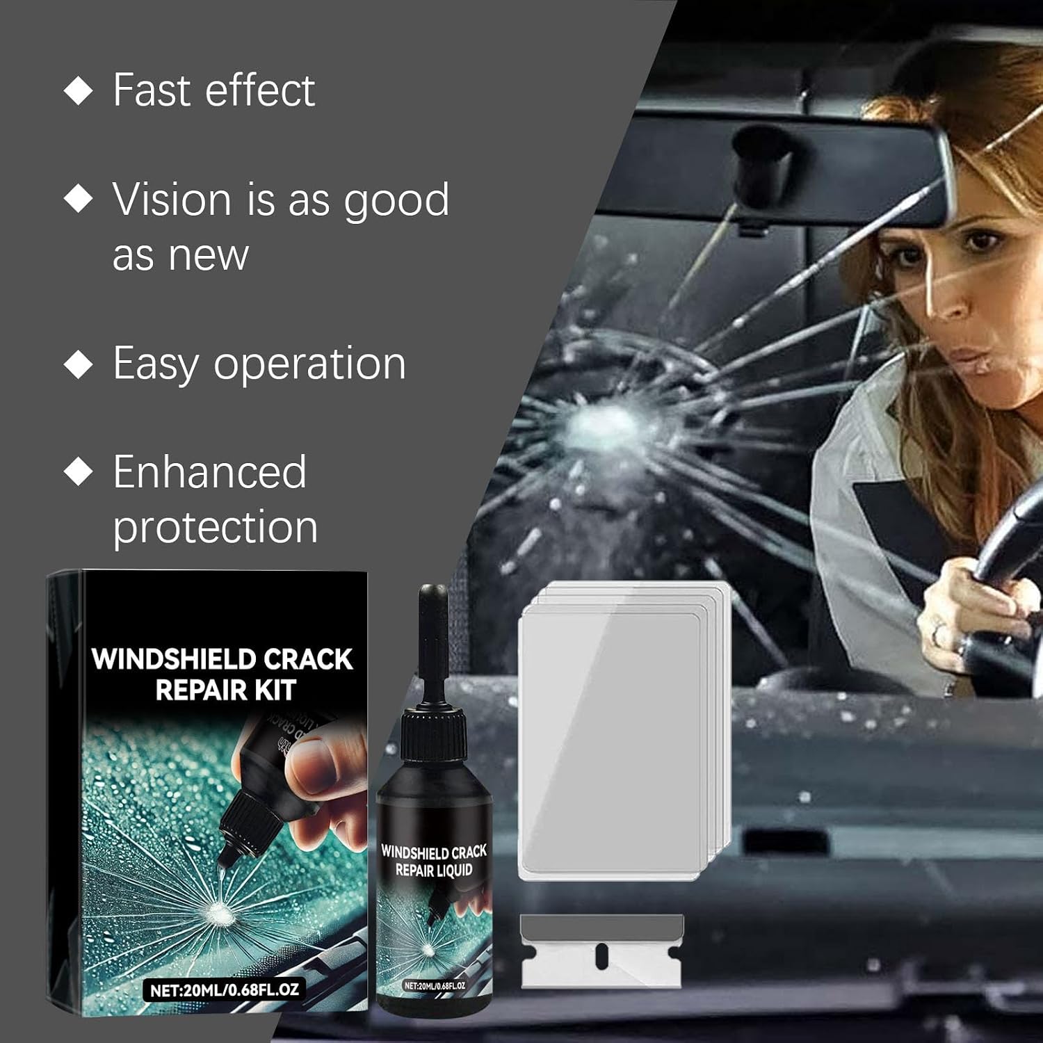 Windshield Chip Repair Kit, Windshield Repair Kit, Professional DIY Car Glass Repairing Tool with Upgraded Resin, Glass Repairing Liquid for Windshields, Mirrors, All Crack Types 0.68 FL OZ