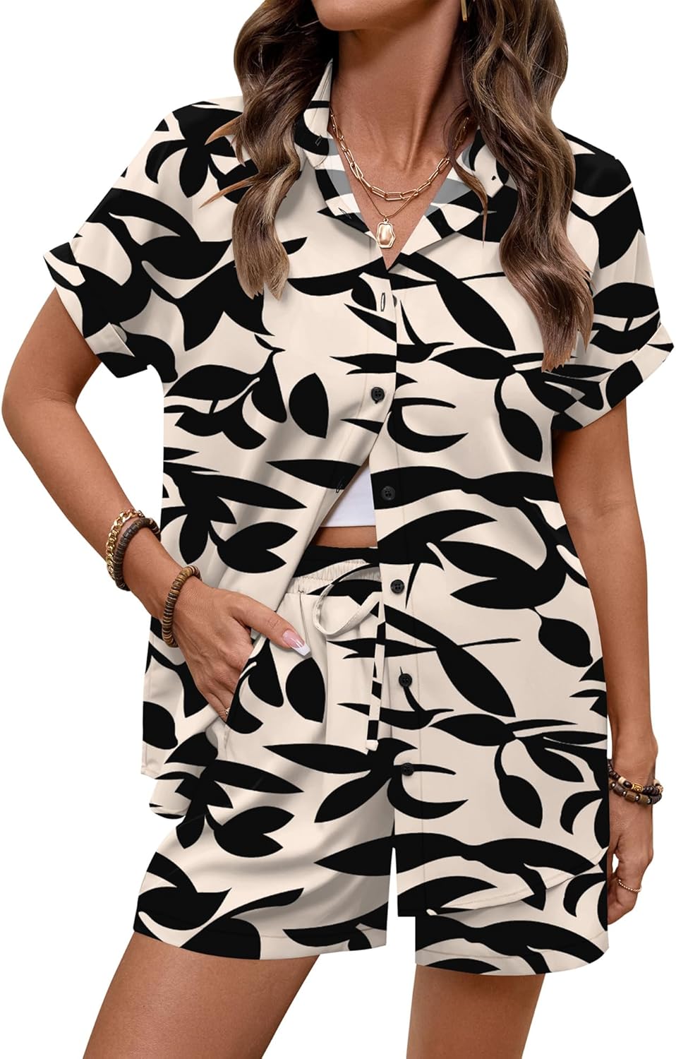 LOMON Women's 2 Piece Hawaiian Vacation Outfits Tropical Print Short Sleeve Shirts and Shorts Beach Sets Resort Wear - Image 3