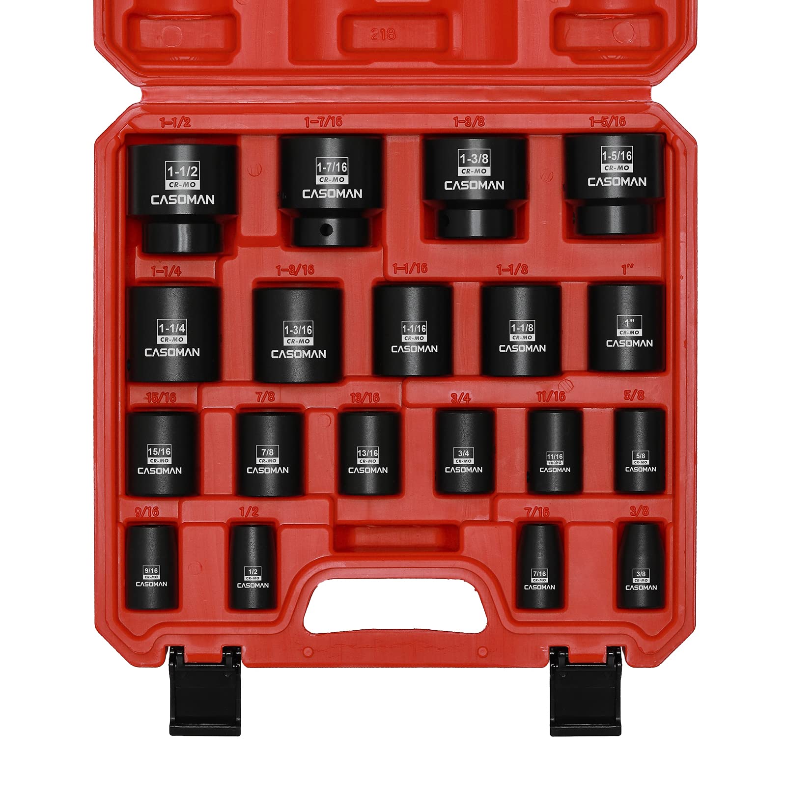CASOMAN 19 Piece 1/2-Inch Drive Standard Impact Socket Set, SAE, Shallow, 3/8" to 1-1/2", Cr-Mo Alloy Steel, Radius Corner Design, Impact Grade