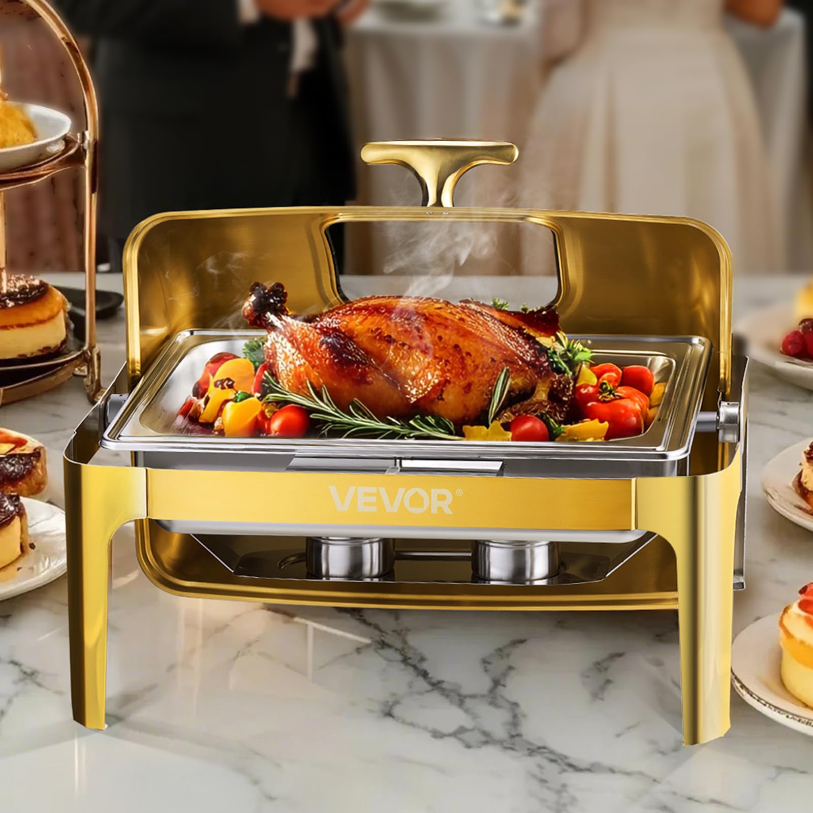 VEVOR Chauffe-Plat Rectangulaire 8,5 L, Buffet Chauffant avec Couvercle Rabattable Visible, Réchaud en INOX avec Bac Pleine Taille, pour Buffet Libre-Service Hôtel Traiteur Restauration, Doré