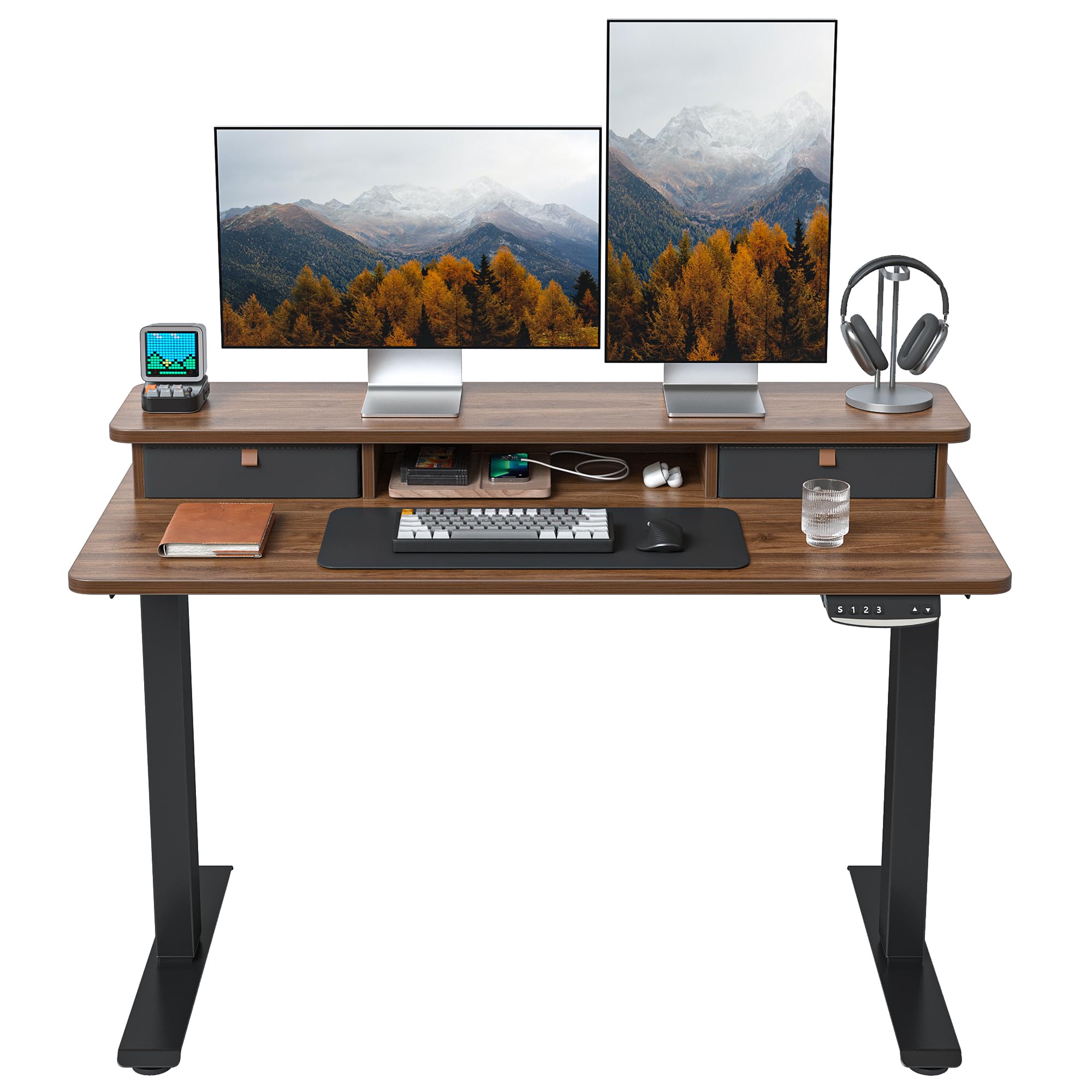 FEZIBO 48 x 24 Inch Height Adjustable Electric Standing Desk with Double Drawer, Stand Up Desk with Storage Shelf, Sit Stand Desk, Blcak Walnut