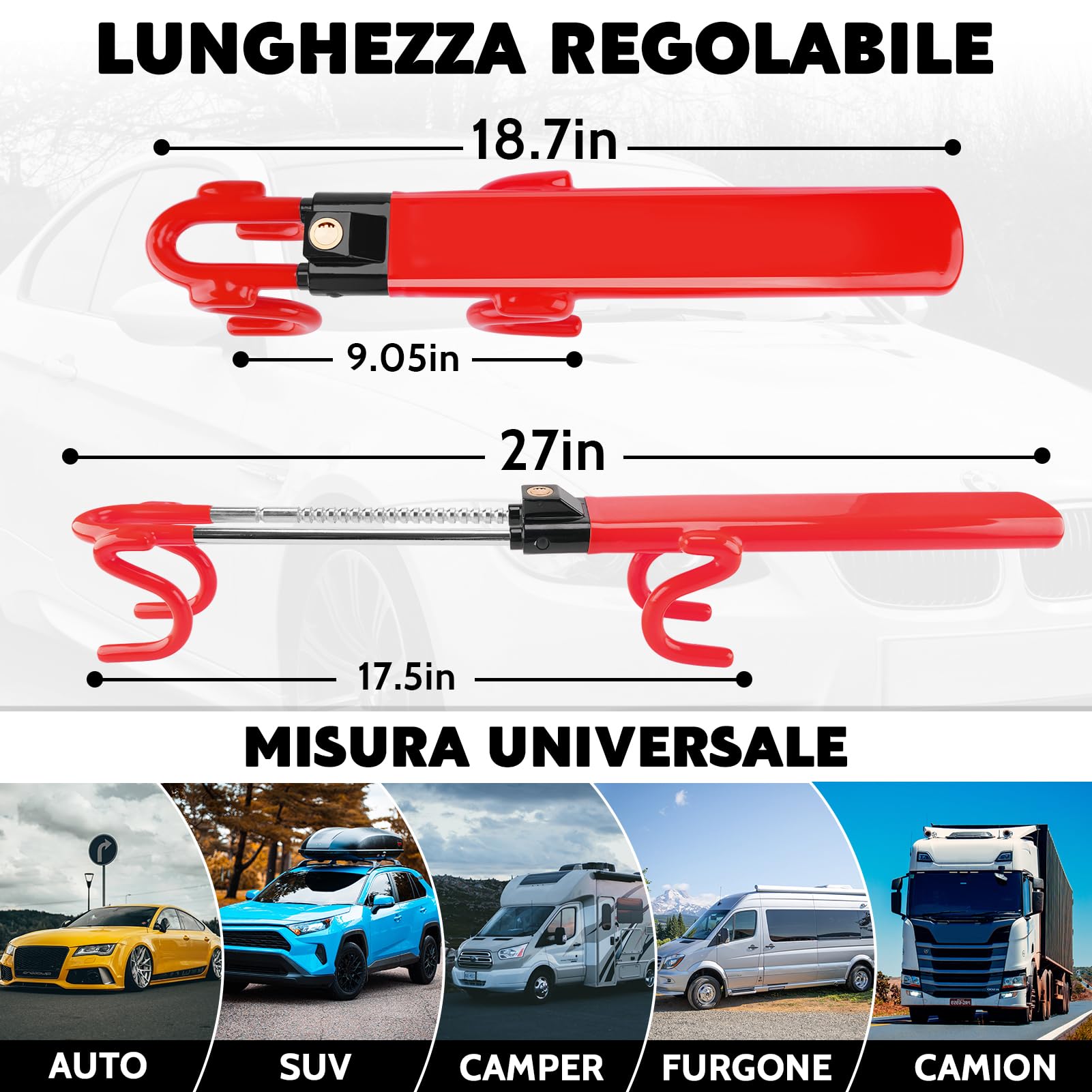Tevlaphee Blocca Sterzo Automobile, Bloccasterzo Auto, Alta Visibilità, 3 Chiavi (Rosso)